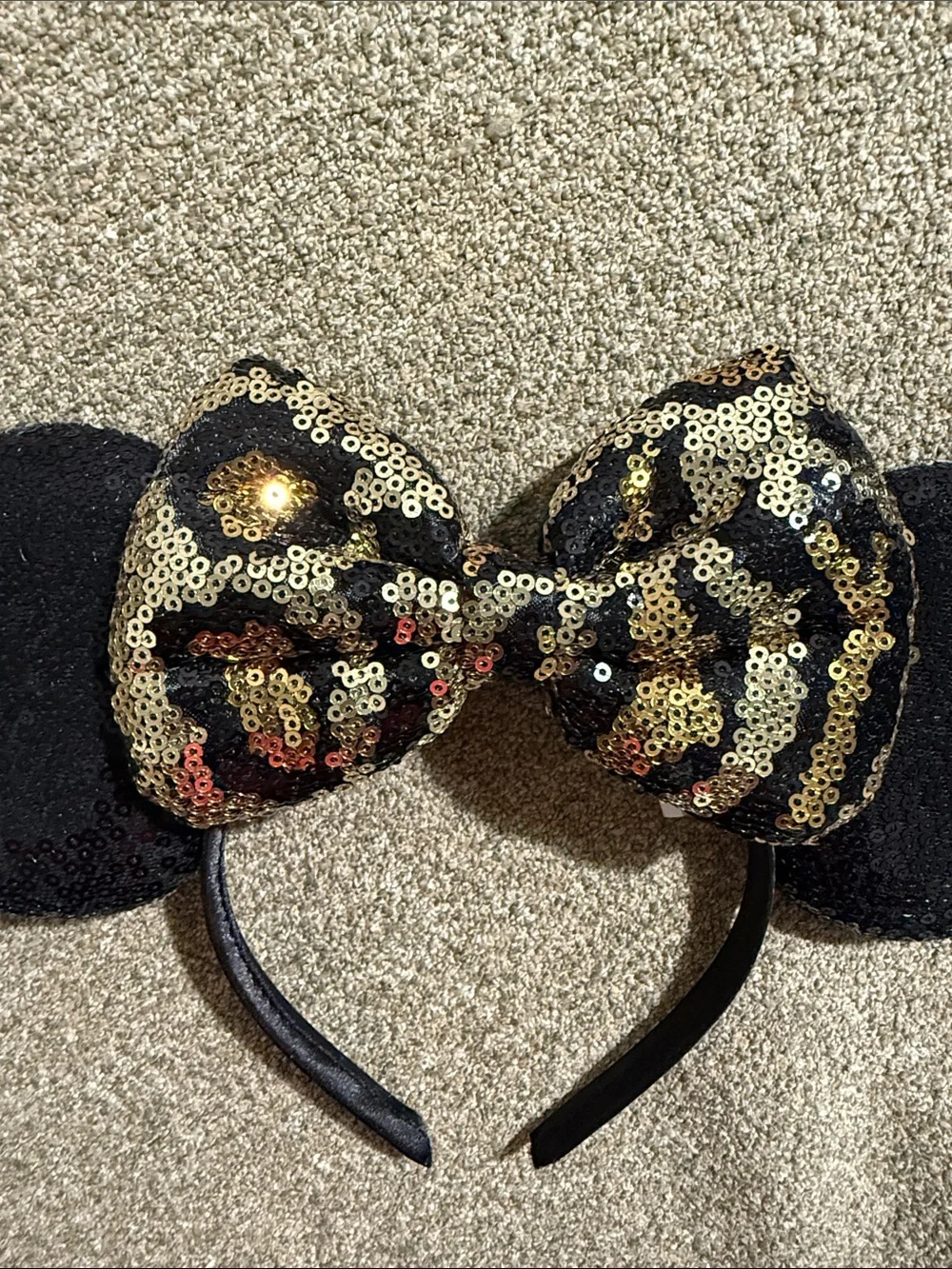 Disney Black Sequin Minnie Ears Headband with Gold Leopard Bow